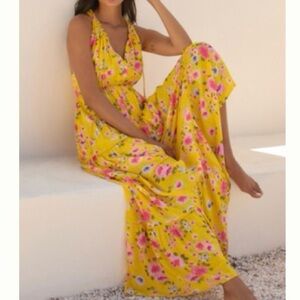 PQ Yellow Floral Maxi Dress with Pink Bloom Print